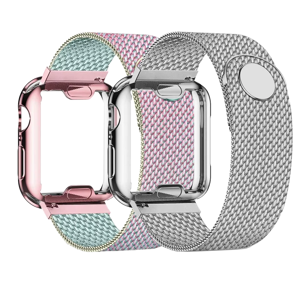 Case+strap For Apple Watch band 45mm 44mm 40mm 41mm 38mm 42mm Plated case+Metal stainless steel bracelet iWatch 5 4 3 SE 6 7 8
