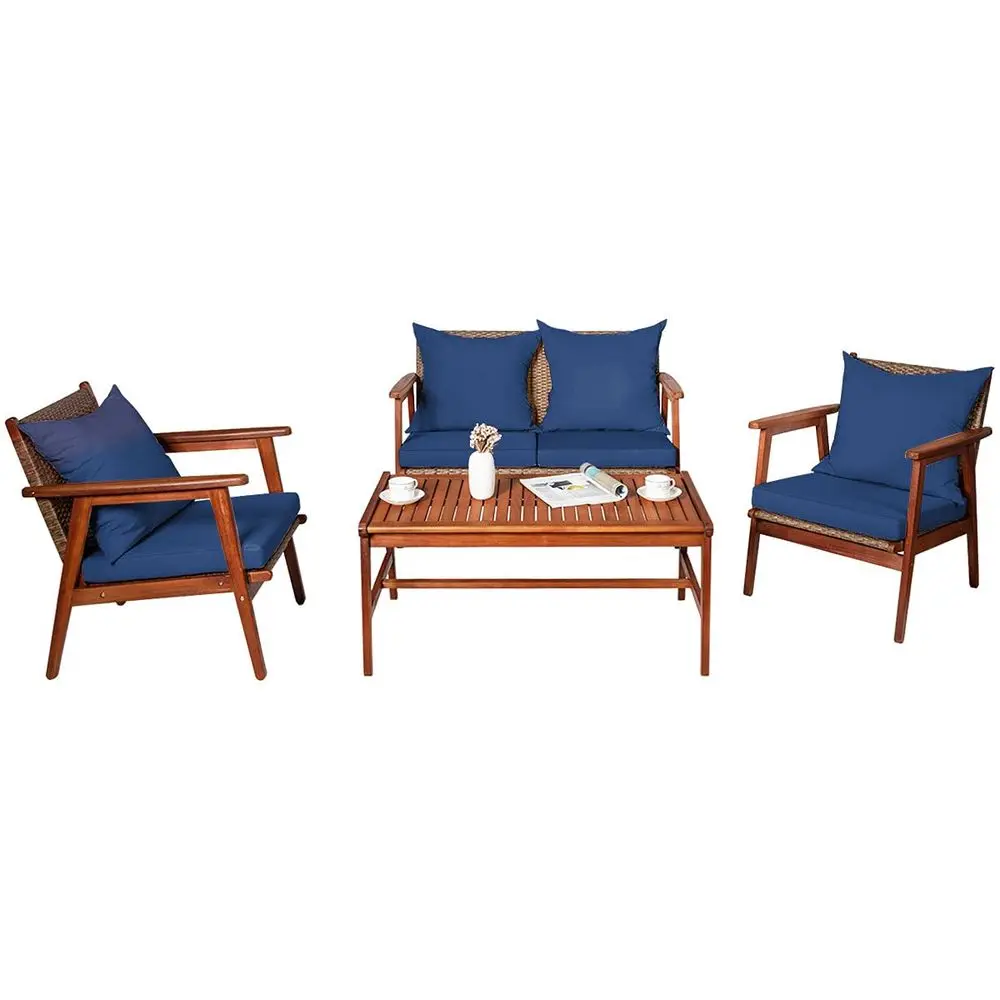 4 PCS Patio Wood Sofa Set, Outdoor Acacia Wood Seating Chat Set with Cushions amp Coffee Table, Sectional Conversation Sofa Set