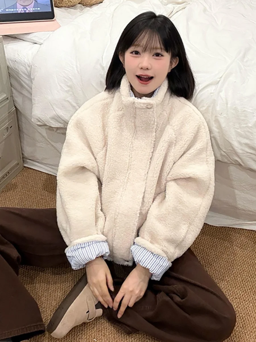 

Lamb Wool Jacket Black Woman Gradient Full-Zip Mountaineering Students Rainproof Training Thick Placket Open Cool Outfits Ladies