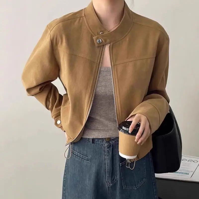 

Короткая бейсбольная куртка, мотоциклетная замшевая куртка в американском стиле с воротником-стойкой, маленький ароматный стиль, женский трансграничный новый модный комплект