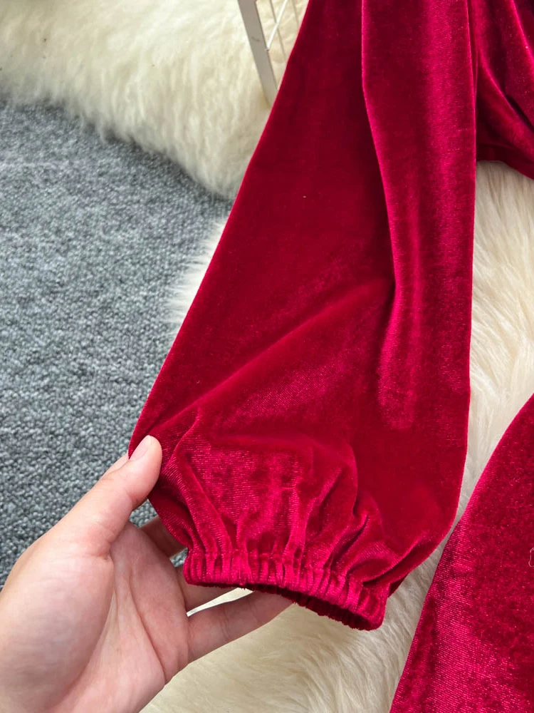 فستان نسائي مزين بالترتر شبكي مرقع شتوي فرنسي اجتماعي برقبة دائرية مخملية مرقع الخصر فستان شبكي مزين بالترتر DS260 #5