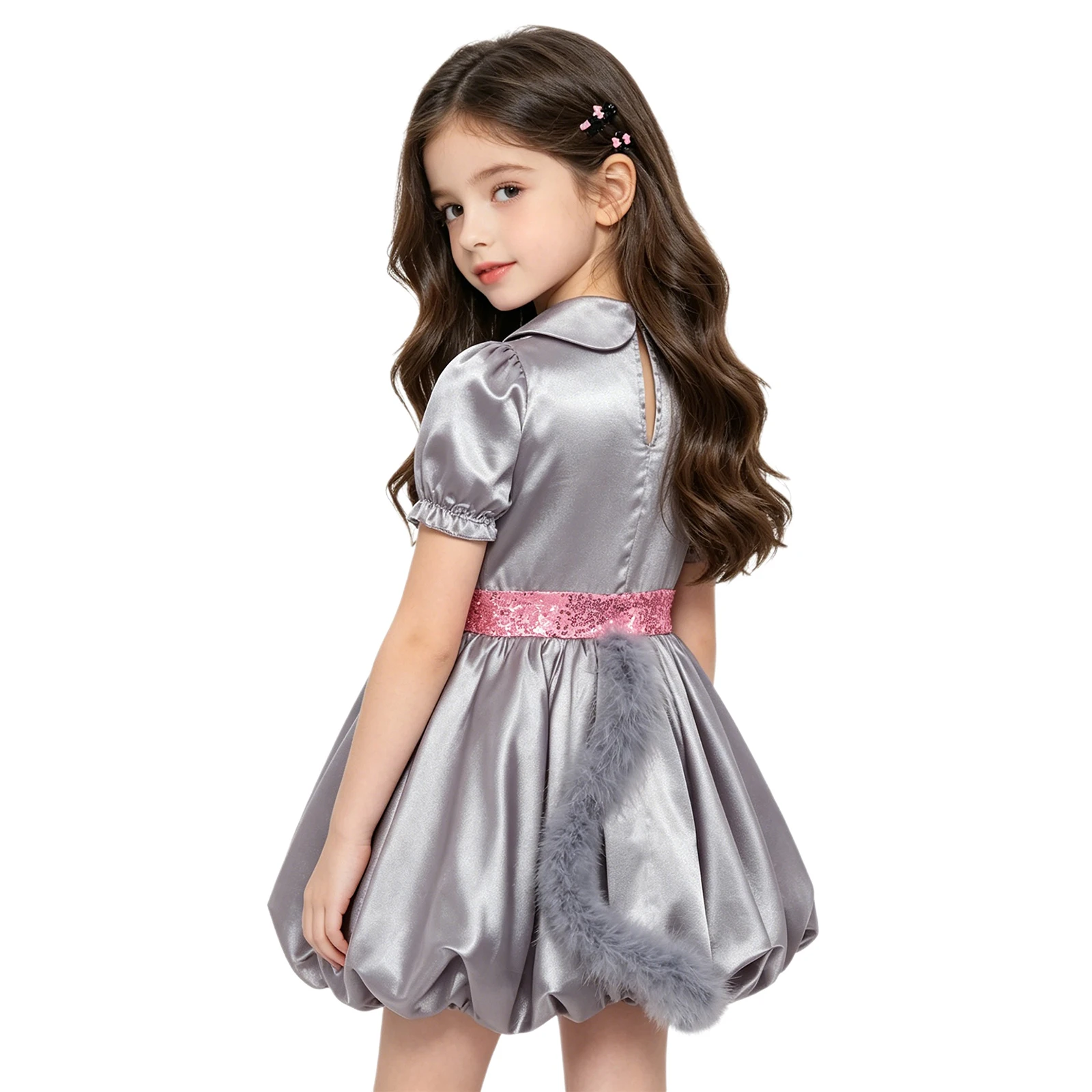 Kids Girls Mouse Costume Cute Collar Puff Sleeve Sequins Bubble Dress with Tail for Halloween Carnival Roleplay Fancy Parities