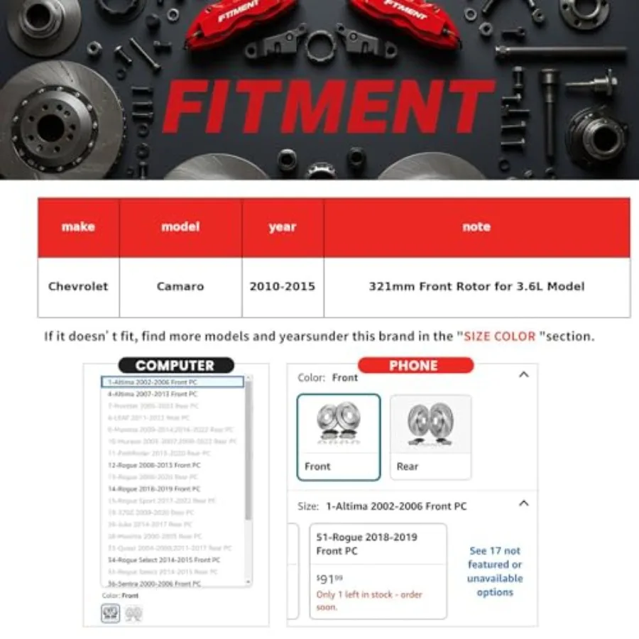 مجموعة وسادات الفرامل الأمامية والدوارات من MOTOREVO متوافقة مع شيفروليه كامارو 2010-2015 دوارات الفرامل المشقوقة المحفورة من السيراميك