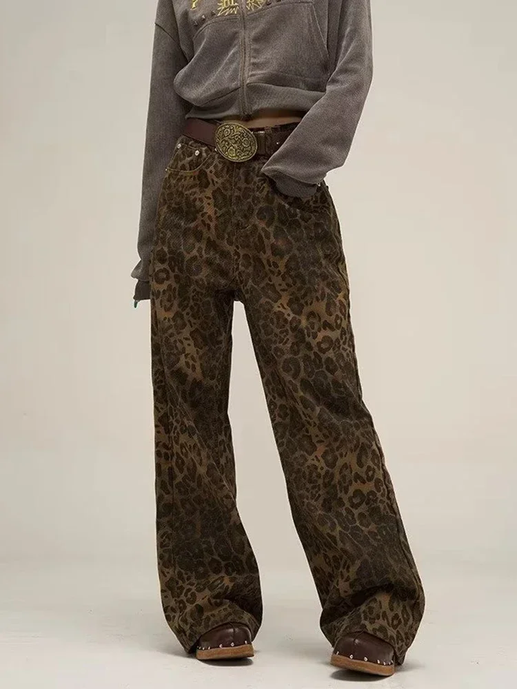 

HOUZHOU Tan Leopard Jeans Women Denim Pants Female Oversize Wide Leg Trousers Streetwear Hip Hop Vintage Clothes Loose Casual