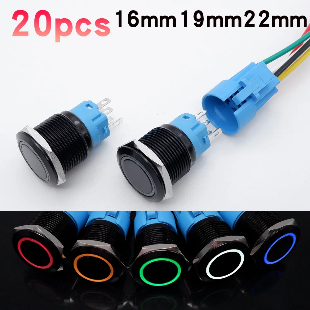 

20pcs Black Push Button Switch 16mm 19mm 22mm Momentary Fixation Start Waterproof LED Car Light Metal Flat Switches 5V 12V 220V