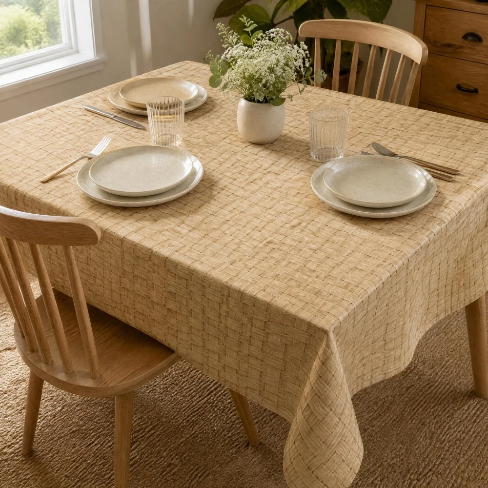 Khaki Faux Woven Texture Rectangle Tablecloth Minimalist Neutral Solid Decorative Table Cover for Dining Kitchen Home Decor