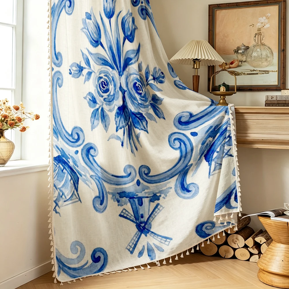 1PC Vintage Tassel Sheer Curtains, Blue Rose Windmill, Digital Print, Linen Polyester, Bedroom Living Room, Home Decor