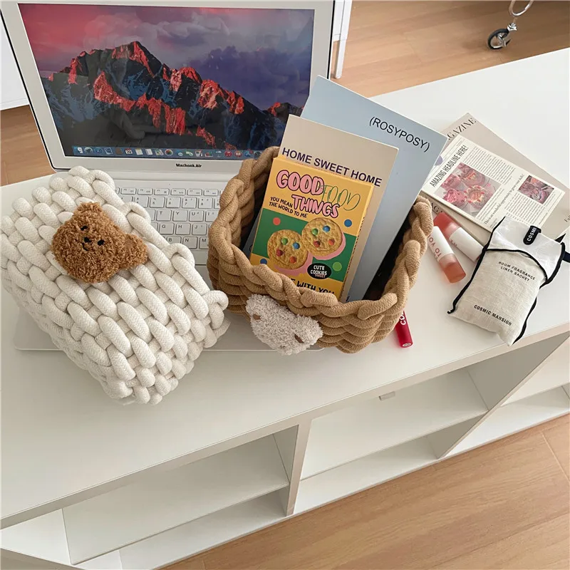 Ins Kawai Desktop Storage Basket Korean Bear Cotton Linen Woven Basket Cute Cosmetics Makeup Sundry Storage Basket Organizer Box