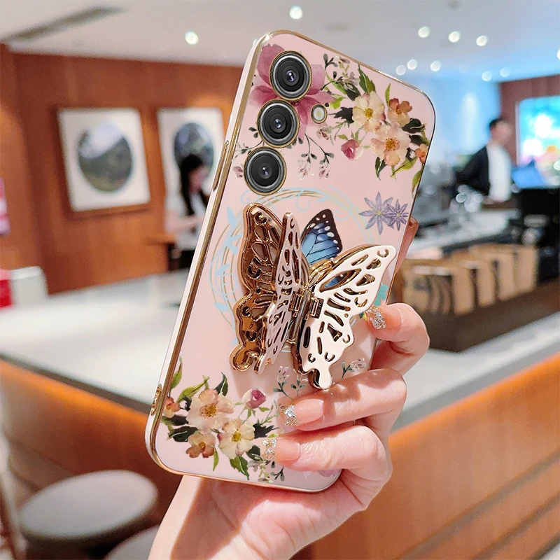 A 55 Flower Butterfly Plating Holder Phone Case For Samsung A55 A53 A52 A51 A35 A25 A34 A50S A73 A50 A42 A91 A54 A52S A71 Cover