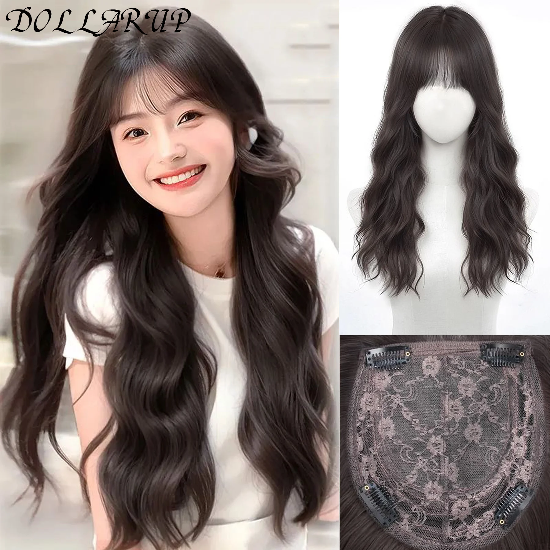 DOLLARUP Black Brown Bangs Clip in Hair Extensions Wave Hair Clip Synthetic Wigs Overhead Invisible Replacement Cover White Hair