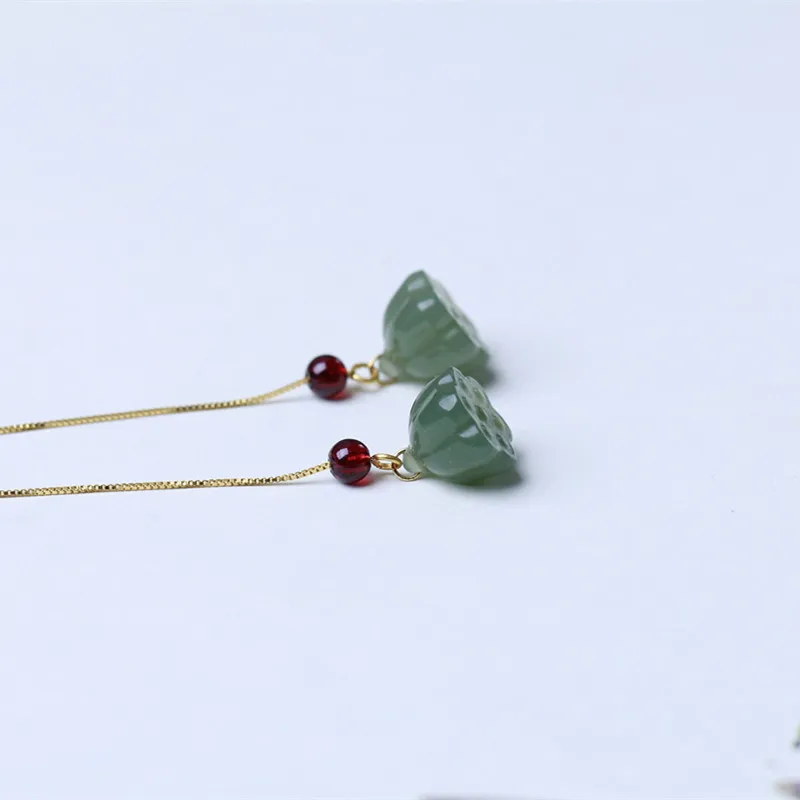Natural Hetian Jade Small Lotus Pod Ear Threads Pendants Earrings Jewelry with Wine Red Garnet Crystal Beads Gifts view 4