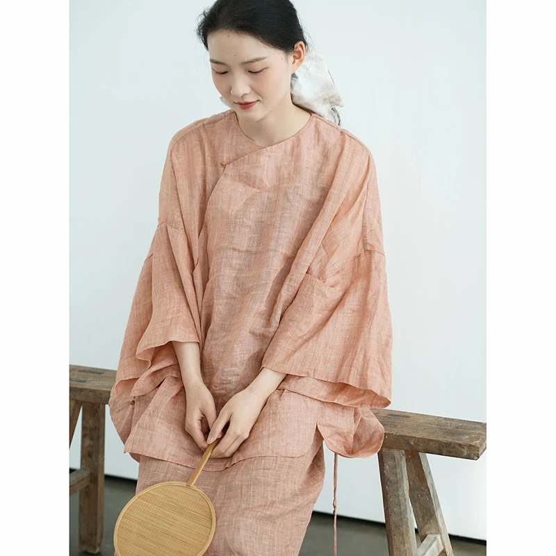

Spring Summer New Chinese Style Women Vintage Side Scallop Frock Single-breasted Blouse Good Quality Ramie Loose Sleeves Shirt