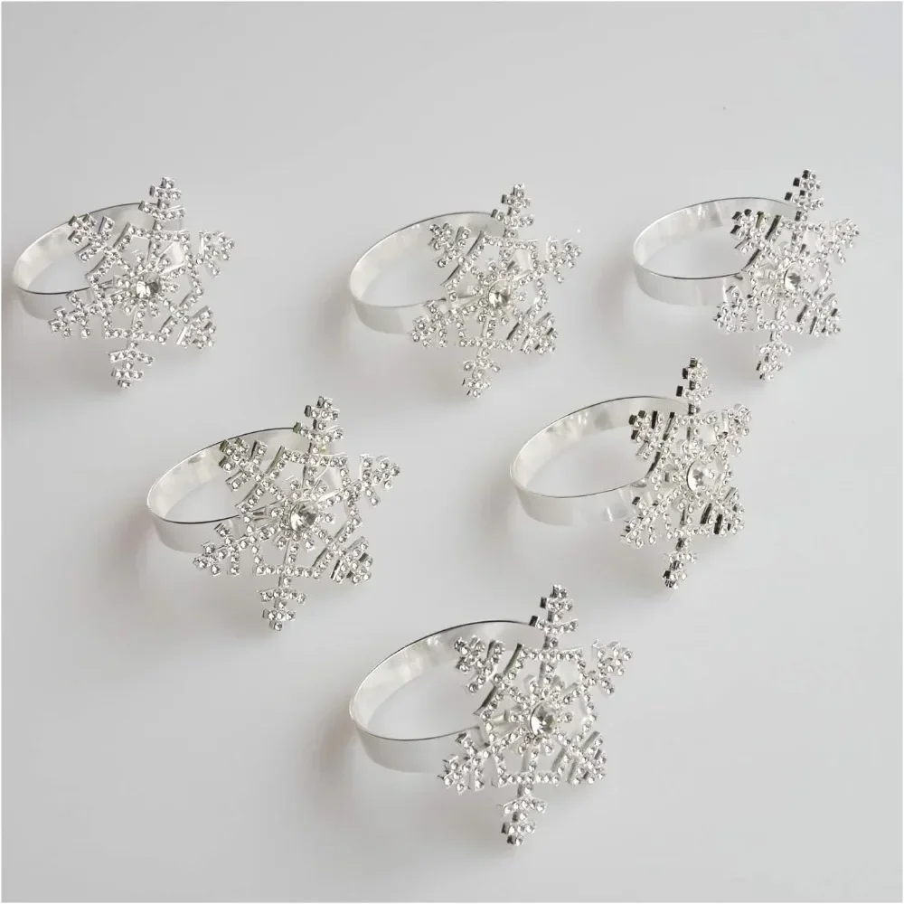 2025 News Silver Snowflake Napkin Rings with Diamond for Christmas Thanksgiving Table Decoration(Set of 6)