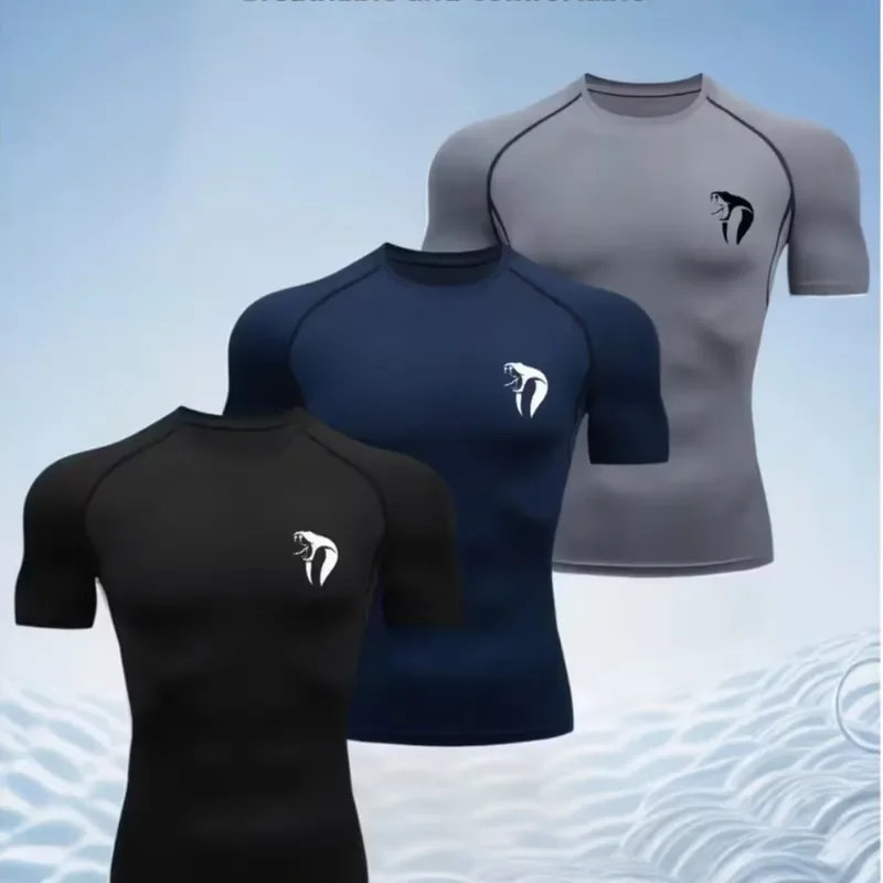 3PCS Fashion Fitness Three-Piece Printed Body Sculpting Compression T-Shirt Set Short Sleeve Crew Neck Breathable