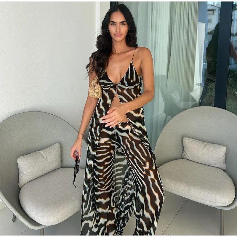 Sexy Zebra-Gestreiftes Langarm-Oberteil und Schlaghosen-Set für Damen, Schlanker V-Ausschnitt Einreihige Weste, 2-teilig, Sommer 2026 Strand-Urlaubsoutfit – Detail 9