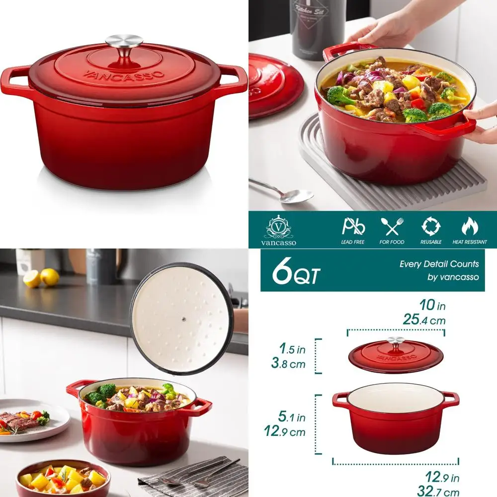 

Эмалированная чугунная голландская духовка на 6 литров, сверхпрочная круглая кастрюля с двойными ручками, антипригарное покрытие для выпечки хлеба и многого другого