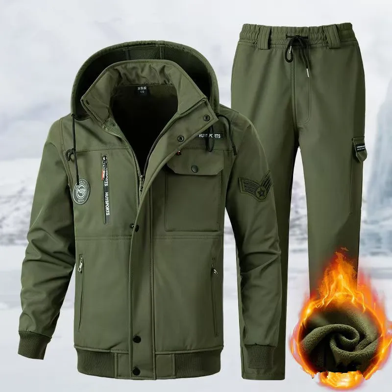 Men's Workwear Camouflage Fleece Lined Thickened Winter Warm Resistant To Dirt and Wearable Autumn Winter Jacket and Pants Set