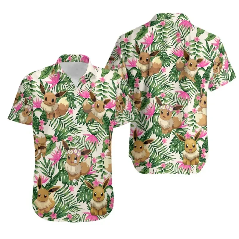 Pokemon Eevee Short Sleeve Hawaiian Shirts Men's Women's Kids Summer Casual Button Pikachu PKM Beach Shirts Tops