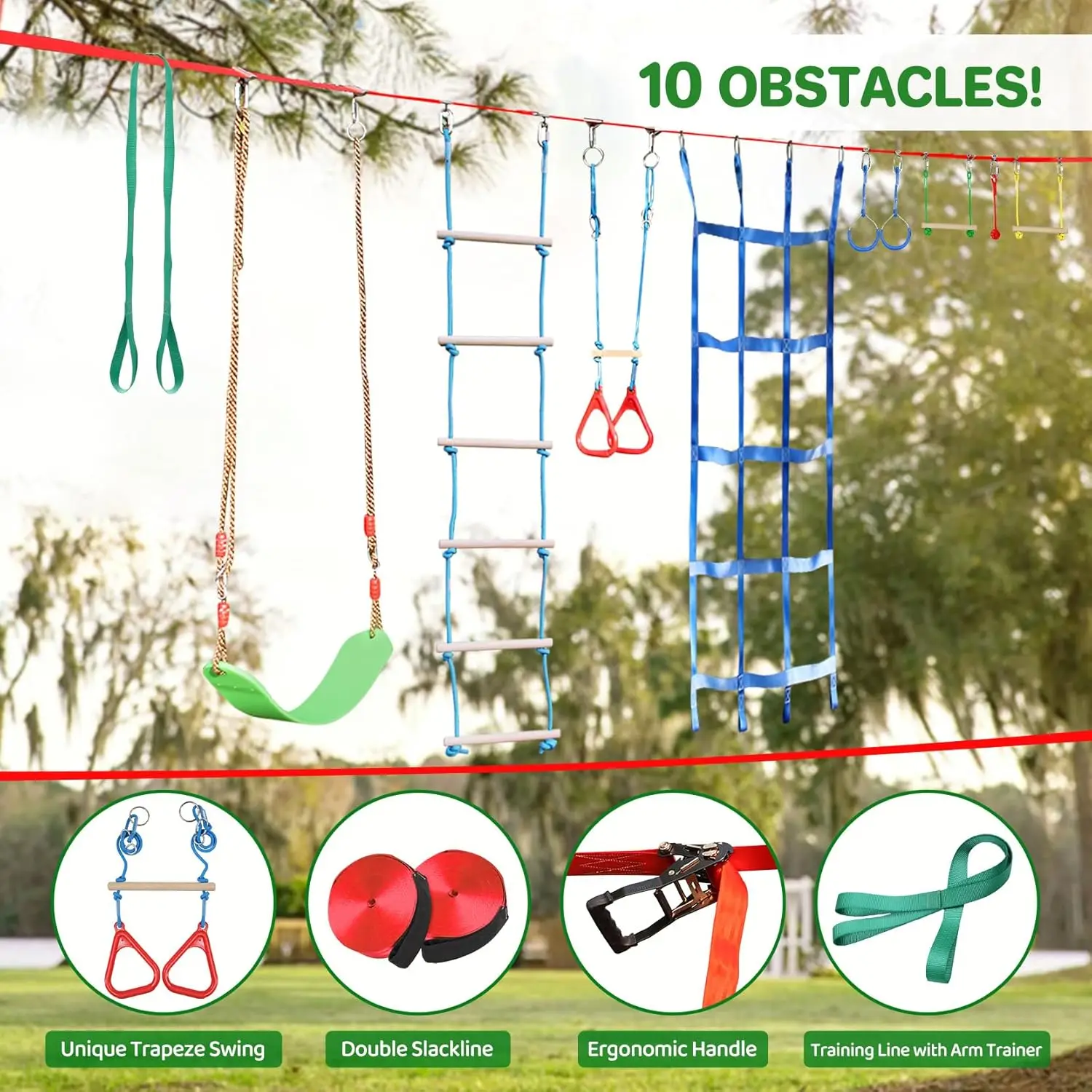 Curso de Obstáculos Ninja Warrior para Crianças, Duplo com 10 Acessórios Mais Completos, Swing, Trapeze Swing