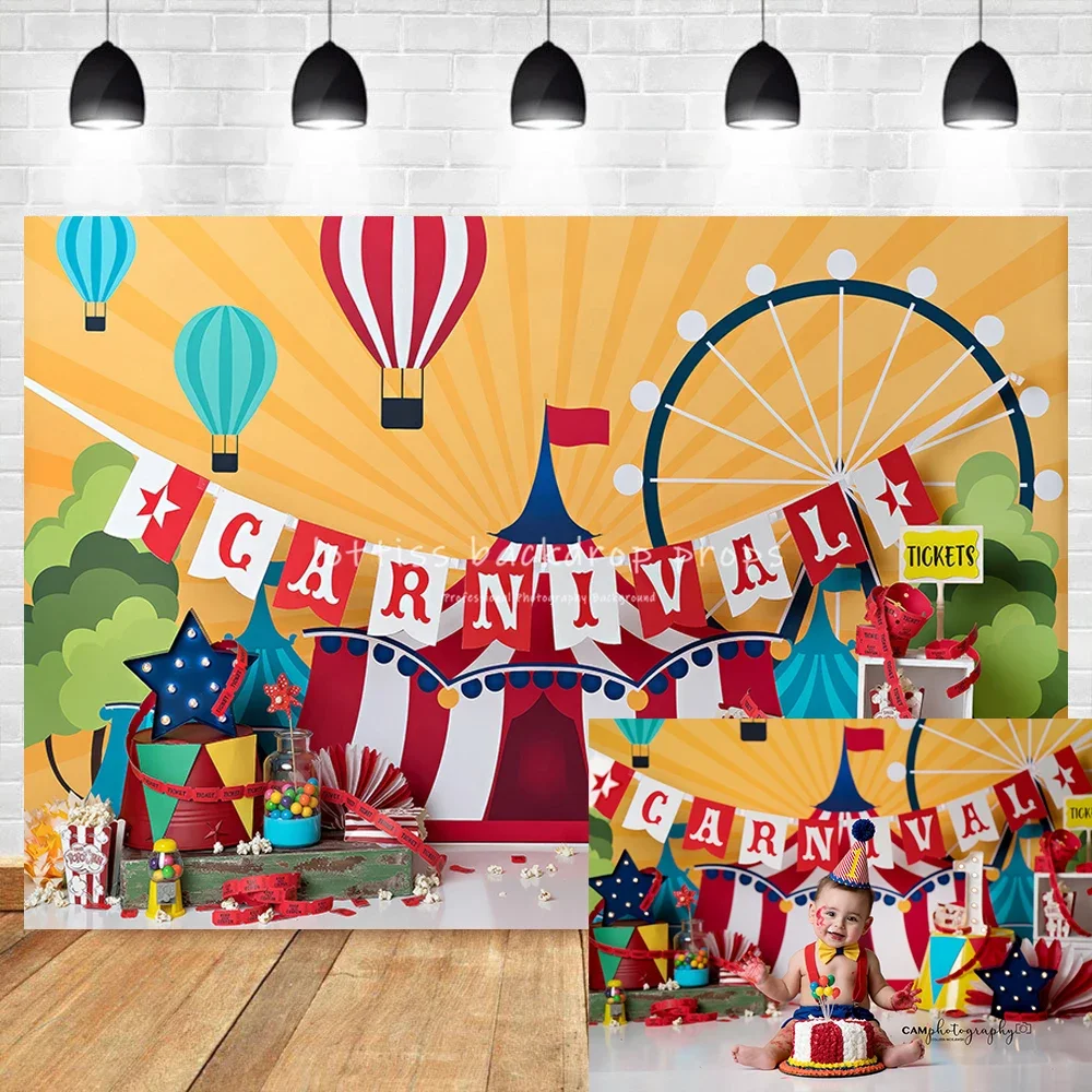 Carnival Circus Photography Backdrops Kid Camsh Child Birthday Props Baby Portrait Clown Ferris Wheel Hot Air Balloon Background