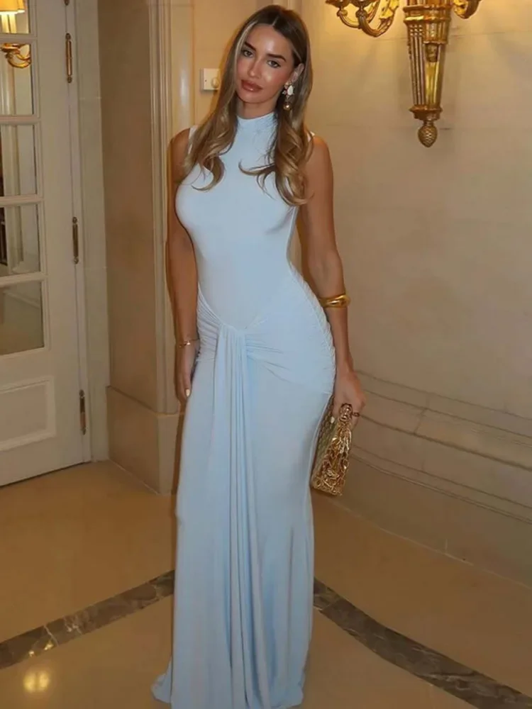 ชุดเดรสยาวเซ็กซี่แบบรัดรูป แบรนด์ XIAOTANG แบบไม่มีแขน ผ้าจับจีบ ดีไซน์เก๋ไก๋ คอสูงครึ่งตัว แฟชั่นสำหรับผู้หญิง เหมาะสำหรับงานปาร์ตี้ คลับ หรืองานกลางคืน ให้ลุคหรูหรา