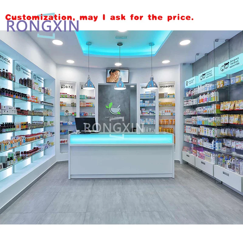custom.Pharmacy Shop Unique Interior Decoration Design With Led Lighted Wooden Display Furniture