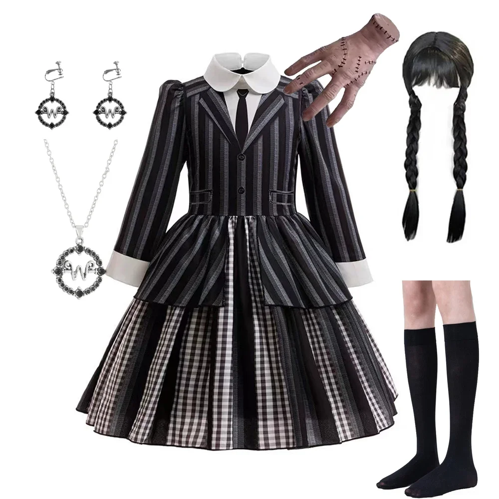 

Готические костюмы для детей: черное платье в полоску для девочек, костюм на Хэллоуин, детская одежда в стиле колледж