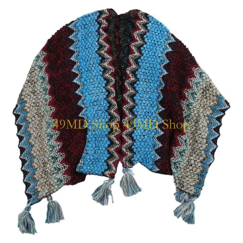 

49MD Женская вязаная накидка с бахромой по краю, вязаное пончо крючком с яркими узорами для женской этнической накидки-шали