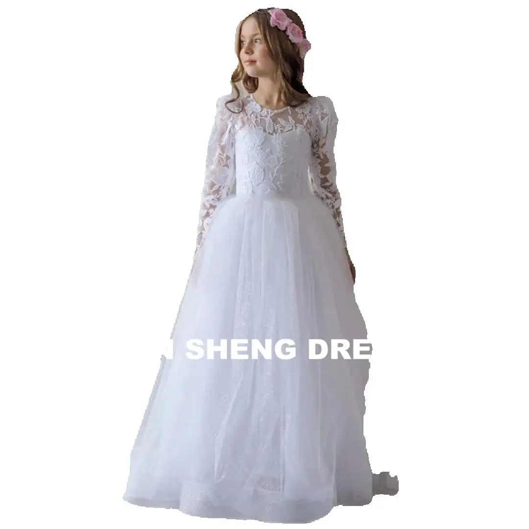 Customization Long Sleeve White Tulle Flowers Embroidery Flower Girl Dresses For Wedding Birthday Party First Communion Gowns