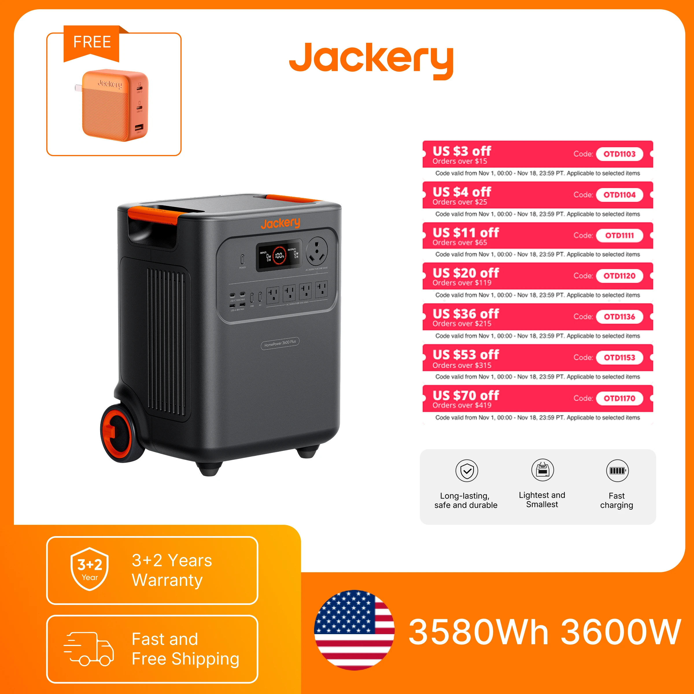 Jackery HomePower 3600 Plus Portable Power Station with 102W Fast Charger, Essential Home Backup for Home Use, Emergencies, RV