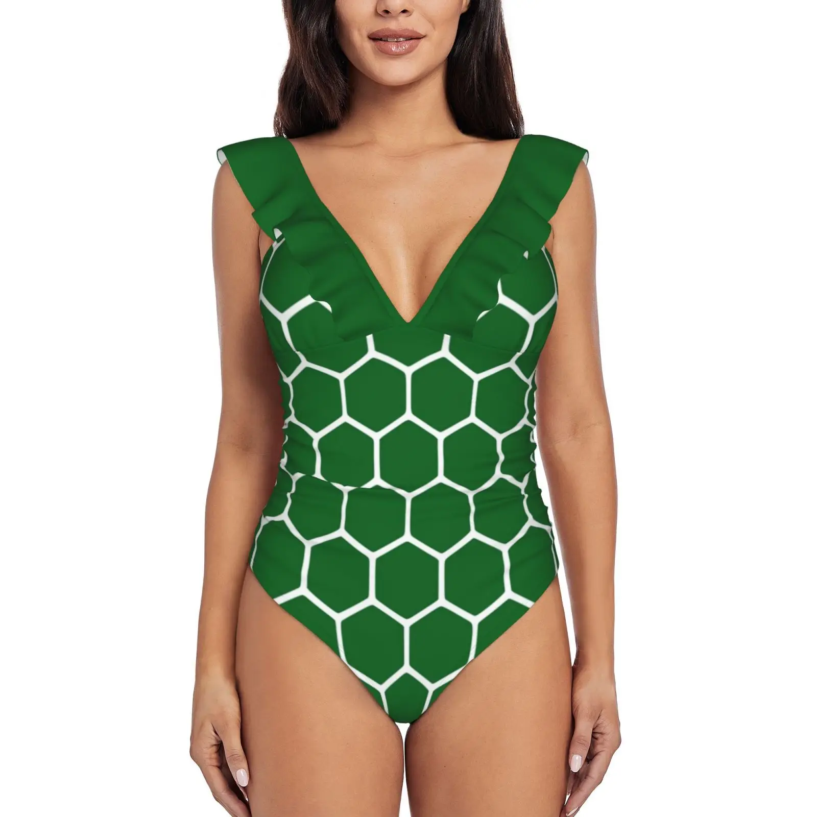 

Green Honeycomb Pattern Ruffle Swimwear Women One Piece Swimsuit Monokini Push Up Bathing Suit Beachwear Green Hexagon Hexagons