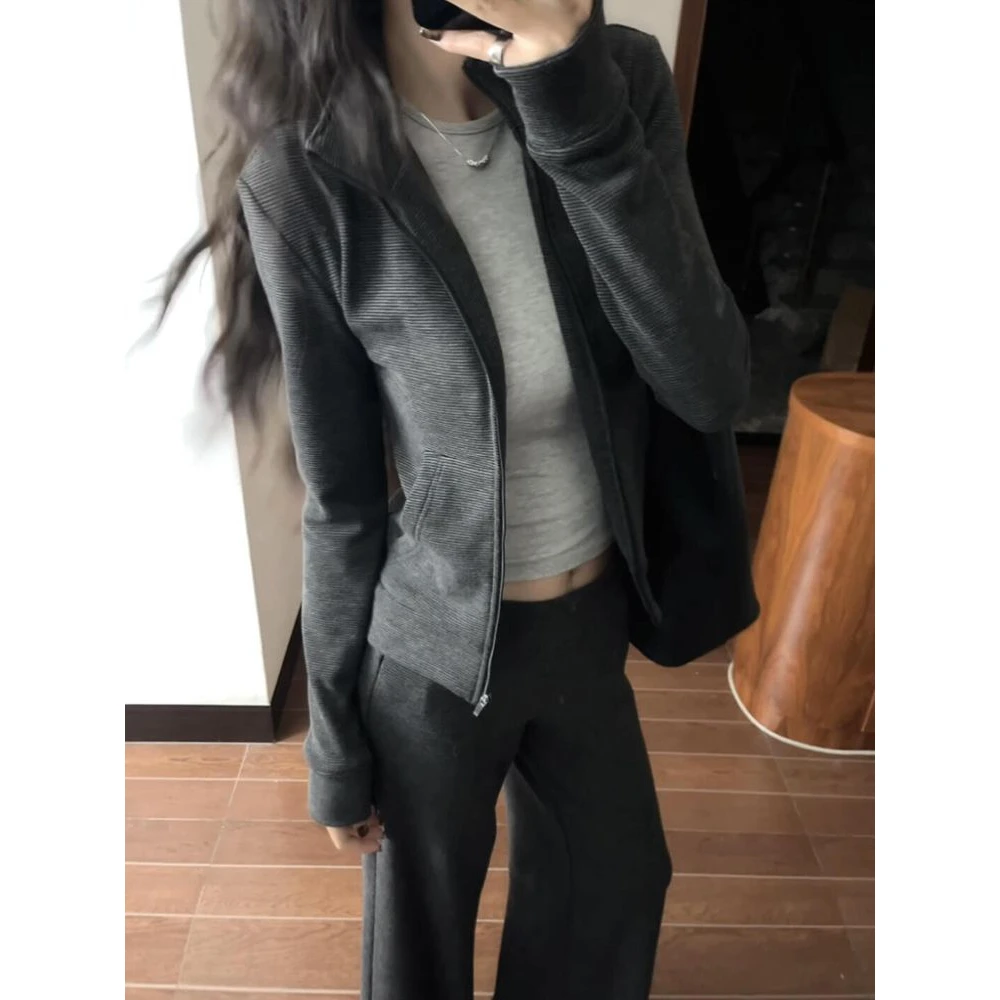 plus Size Casual Sportswear Set Women's 2026 Autumn New Korean Striped Stand Collar Sweatshirt Complete Set Fashionable Comfo...