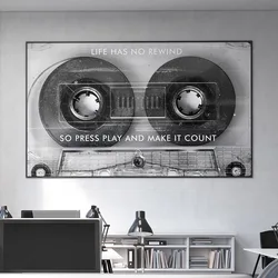 Life Has No Rewind Cassette Black and White Posters Print Motivational Quote Canvas Painting Success Quote Home Decorative