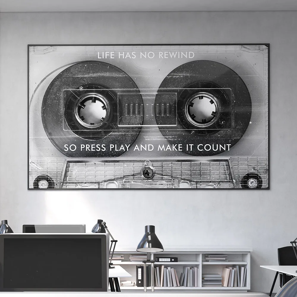 Life Has No Rewind Cassette Black and White Posters Print Motivational Quote Canvas Painting Success Quote Print Home Decorative