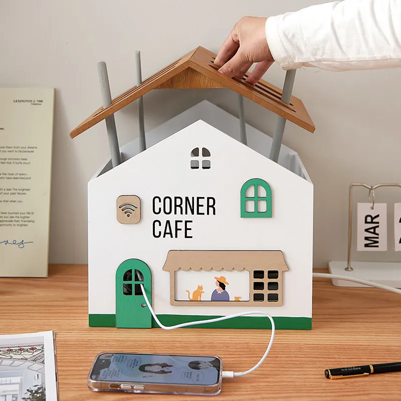 HYS Desktop storage box Wooden socket Set-top box Shelf decorative countertop Wire finishing box