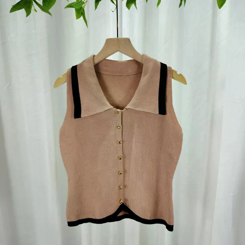 

Тонкий вязаный жилет без рукавов с контрастными лацканами во французском темпераменте для женщин