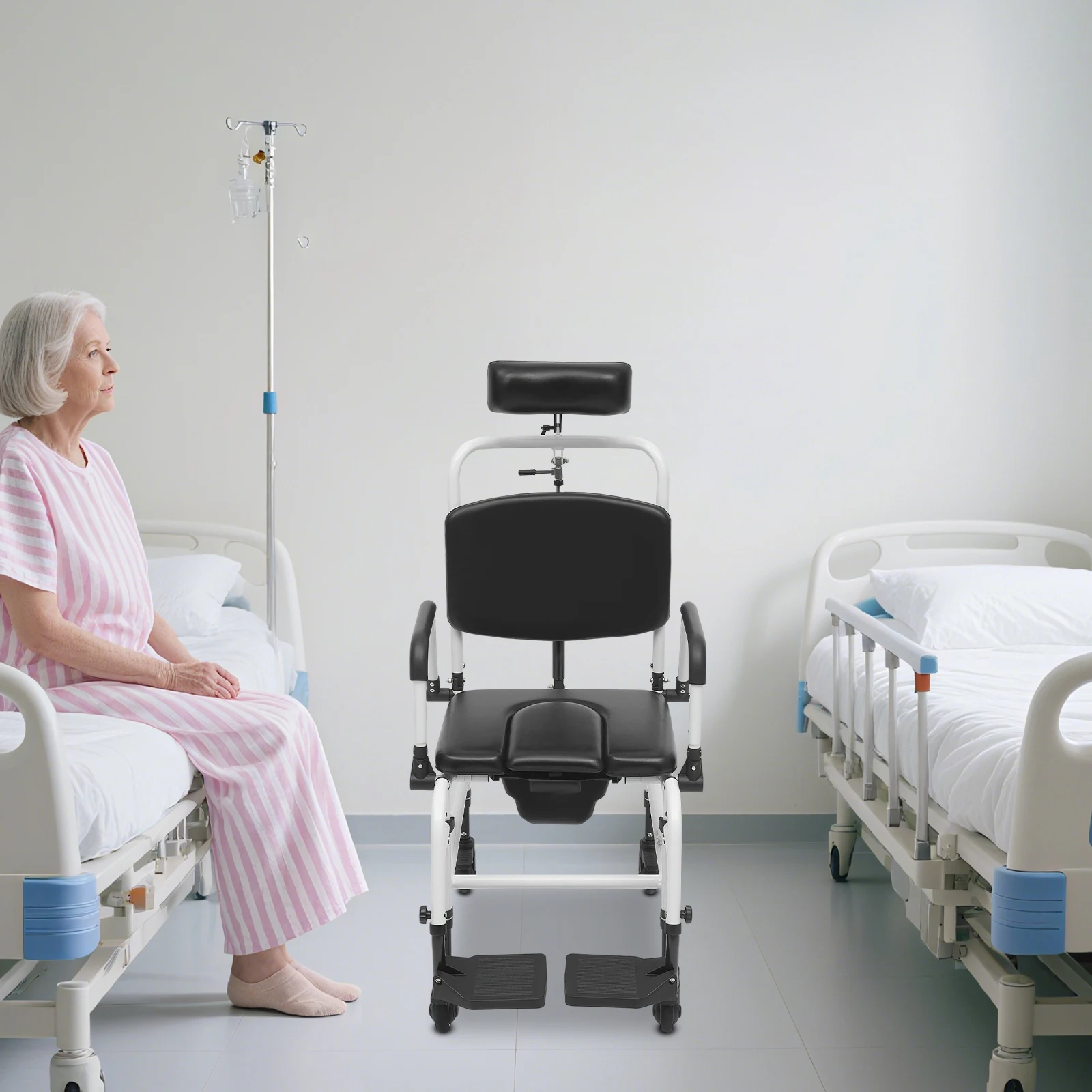 

Adjustable Backrest Shower Chair, Four-in-One Commode Chair with Removable Pot and Brake Wheels for Elderly Bathroom Home Care
