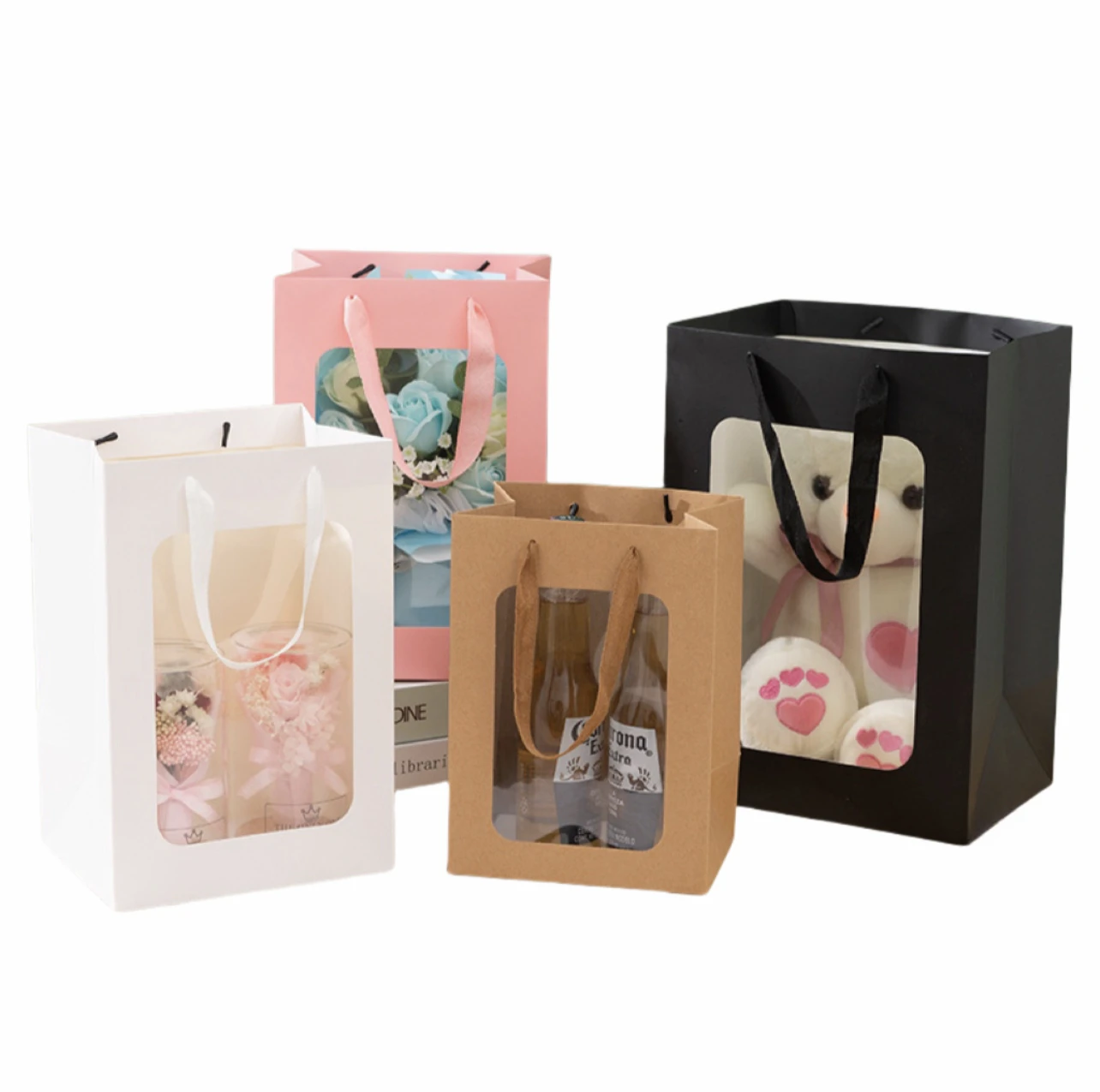 10PCS Transparent Window Gift Bags For Wedding Birthday Home Party White Black Packaging Box Baking Takeaway Bag