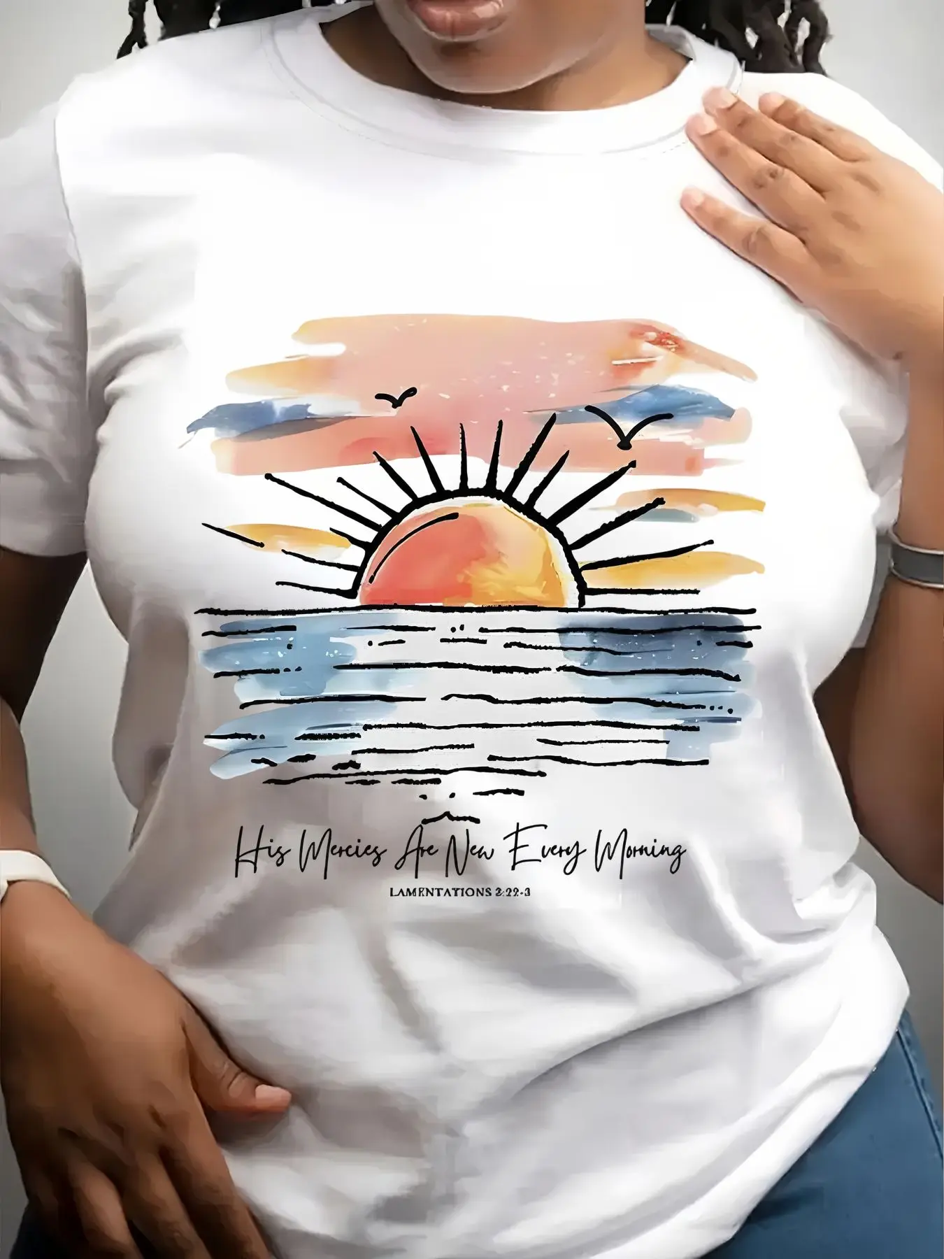 Women's Trendy Crew Neck T-Shirt Sunrise over Ocean Waves Design Suitable for Casual Sportswear