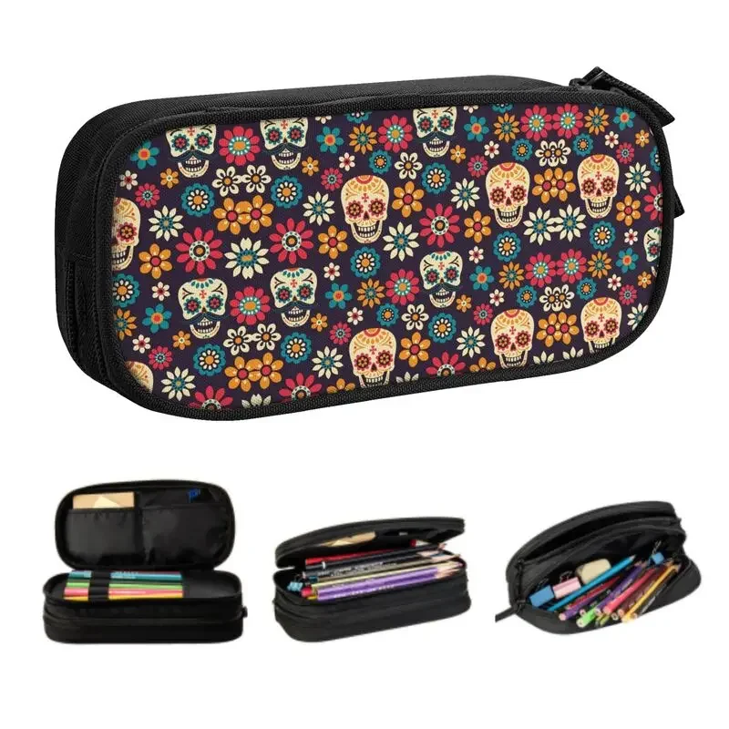 Custom Cute Day Of The Dead Pattern Pencil Case for Boy Gilrs Large Capacity Sugar Skull Muerte Pencil Box School Supplies