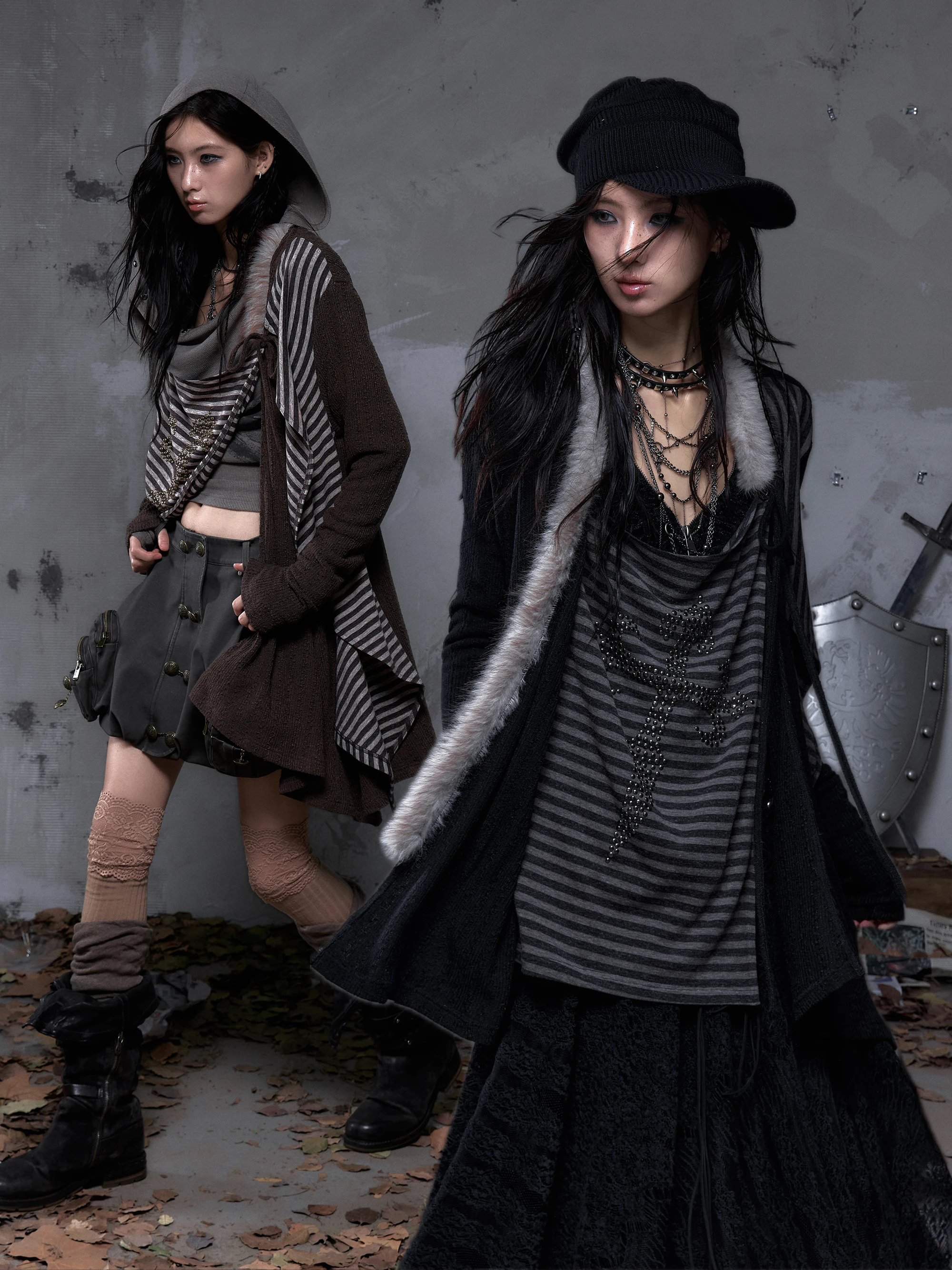 

Женский зимний кардиган в стиле ретро-панк, имитация двухслойного трикотажа, асимметричный, с пэчворком, стразами, открытый, длинный рукав...