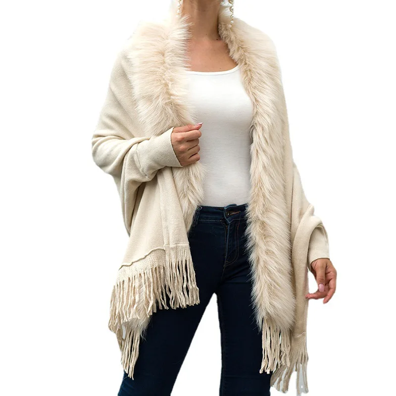 Women\'s Autumn Winter Women\'s Tassel Cape Shawl Female Fur Collar Cape Solid Color Knitted Sweater Jacket Women\'s Clothing