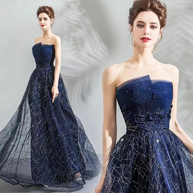 

New Navy Blue Evening Dresses Fashion A-line Strapless Sleeveless Sequined Embroidery Tulle Prom Party Gowns Long Robe de Soiree