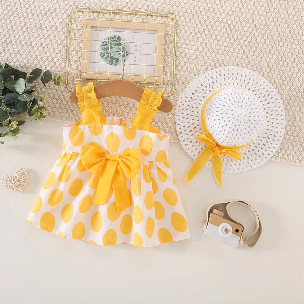 

2Pcs/Set Summer Children's Clothing New Cute Little Round Dot Dress For Baby Girls Sweet Bow Strap Beach Dress Hat Included