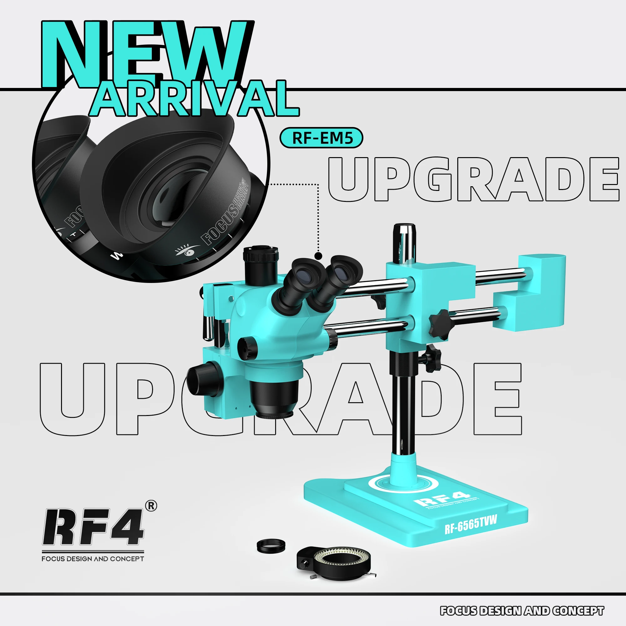 RF4 6,5-65X 360 °   Staffa a doppio braccio Zoom sincrono Ingrandimento Osservazione Microscopio stereo binoculare trioculare RF6565TW