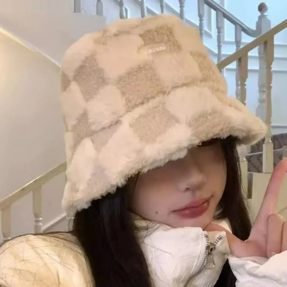 Keep Warm Plaid Checkered Women Bucket Hat Faux Fur Adjustable Checkered Basin Hat Thicken Wind-Resistant Basin Cap Travel