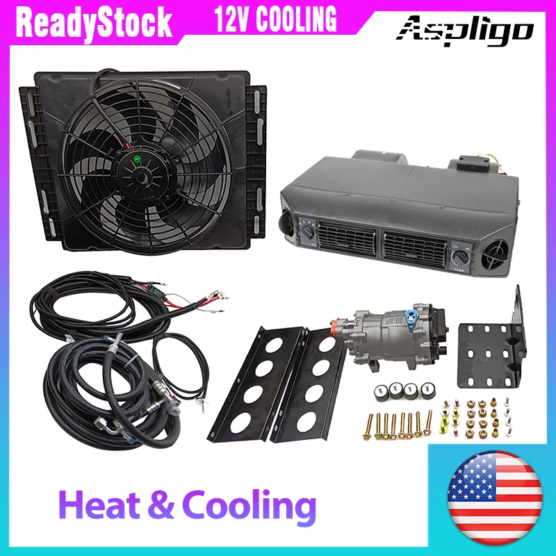 Aspligo 12V 24V Universal Car Air Conditioner Cooling Heating A/C Auto Electric Air Conditioning Compressor Condenser Fan kit