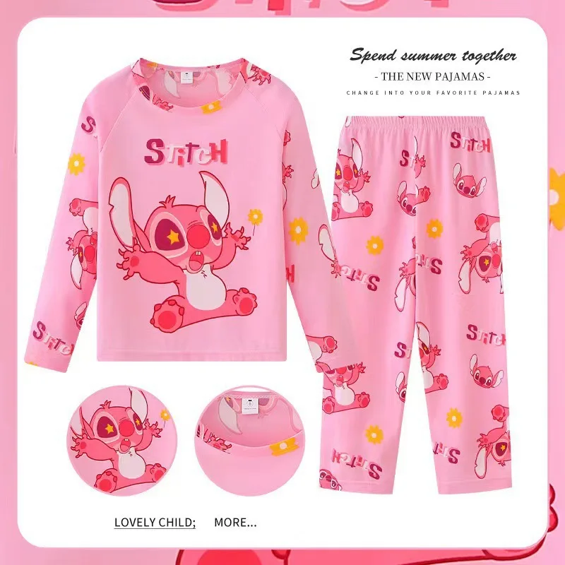 New Disney Fall Children's Clothing Sets Stitch Girls Boys Sleepwear Long Sleeved Pants Clothes Kids Pajamas Set Baby Pajamas