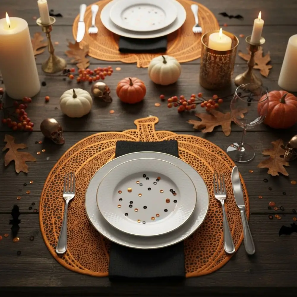 4PCS Metallic Color Halloween Hollow Pumpkin Placemat Anti Slip Waterproof Heat-insulating Coaster Washable Wipeable
