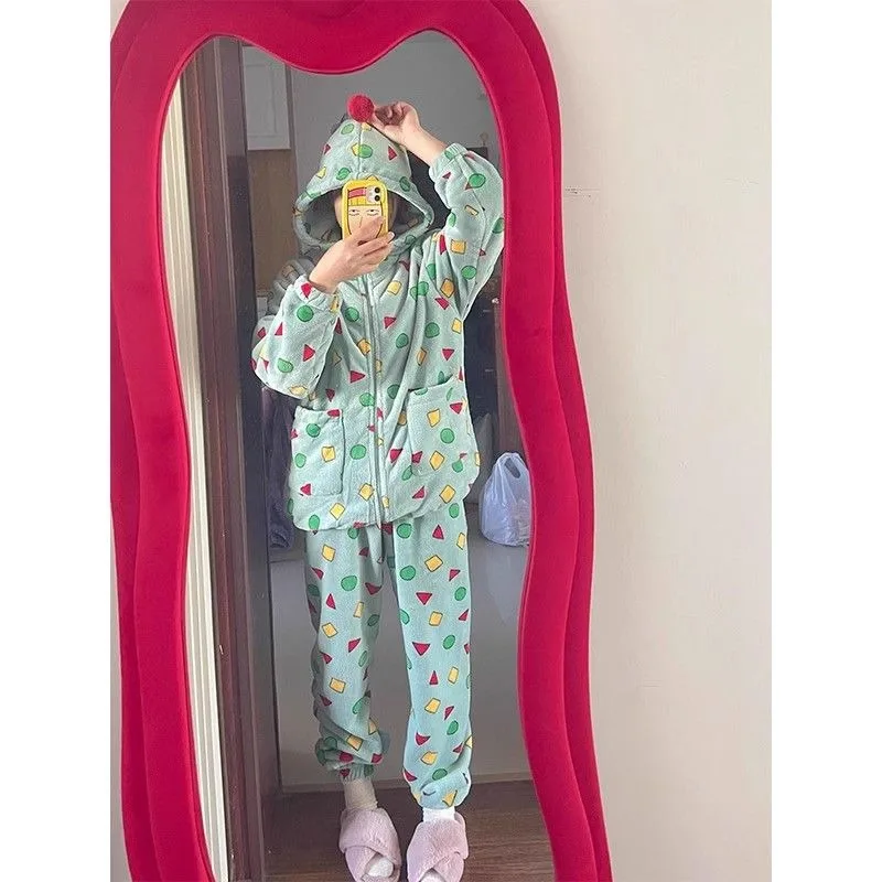 Girls Cute Crayon Shin-chan Coral Fleece Pajamas Womens Winter New Anime Kawaii Thickened Warm Home Clothing Two-piece Set Gifts